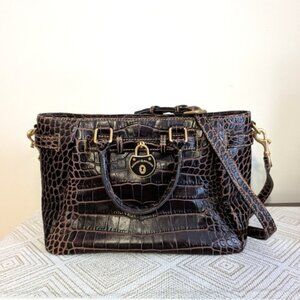Dooney Bourke Brown Samba Croco Embossed Leather Belted Shopper Tote
